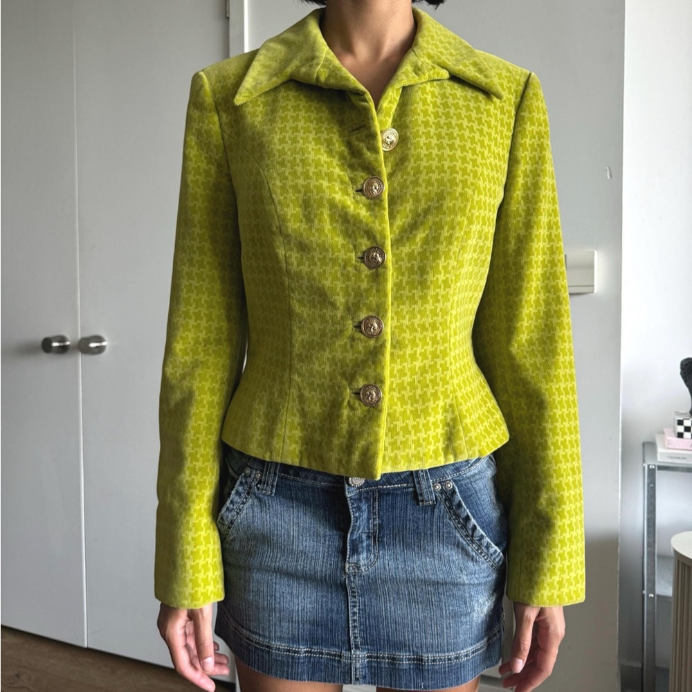 90s VERSUS VERSACE Lime Green Houndstooth Velvet Blazer, size S